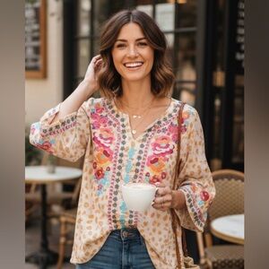 Savanna Jane Top Womens Size Small Embroidered Bohemian Hippie‎ Festival Casual
